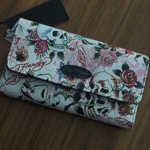 Ed Hardy White Wallet with Pink, Red & Green Tattoo Motif